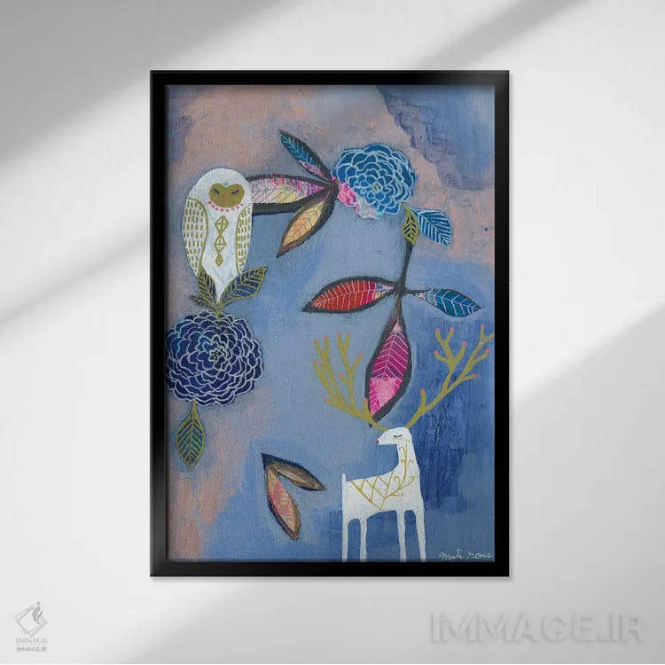 تابلو مینیمال جغد و گوزن اثر متی رز - نمای قابدار مشکی