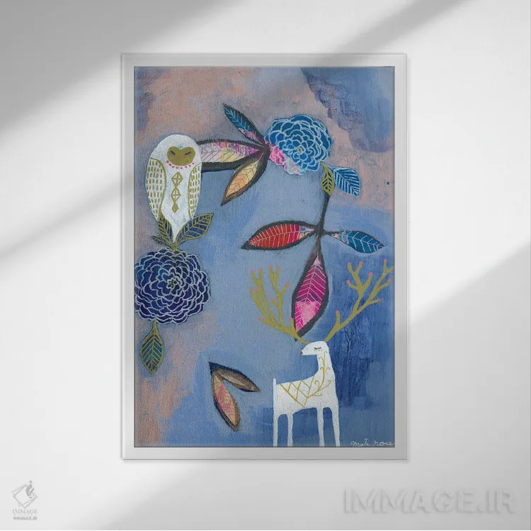 تابلو مینیمال جغد و گوزن اثر متی رز - نمای قابدار سفید