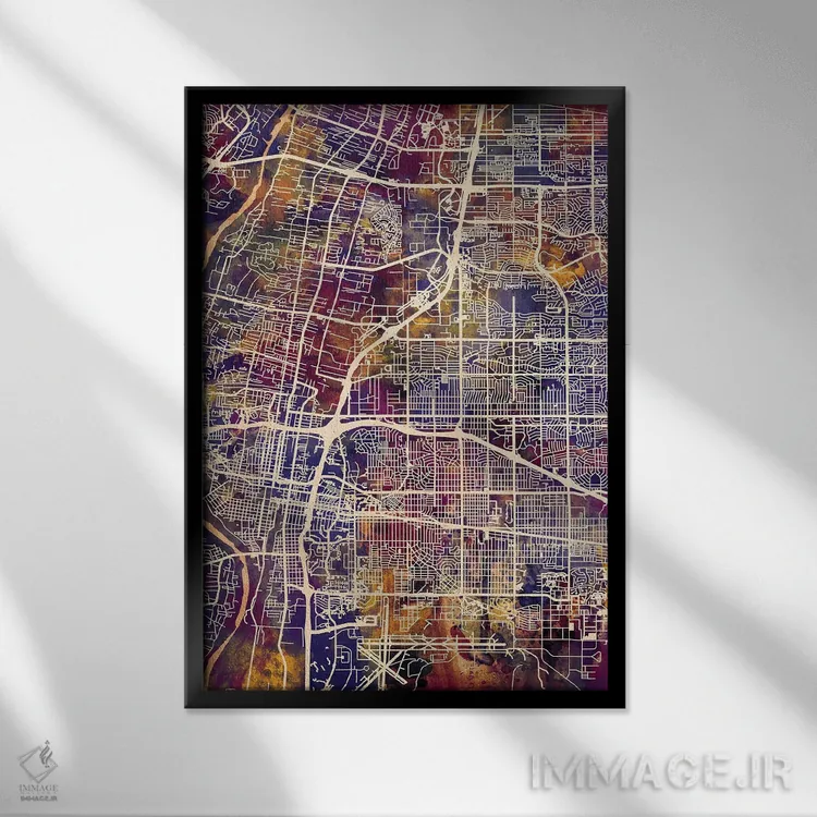 تابلو دکوراتیو نقشه خیابانی آلبوکرکی با لکه های بنفش، نیومکزیکو اثر مایکل تامپست - نمای قابدار مشکی