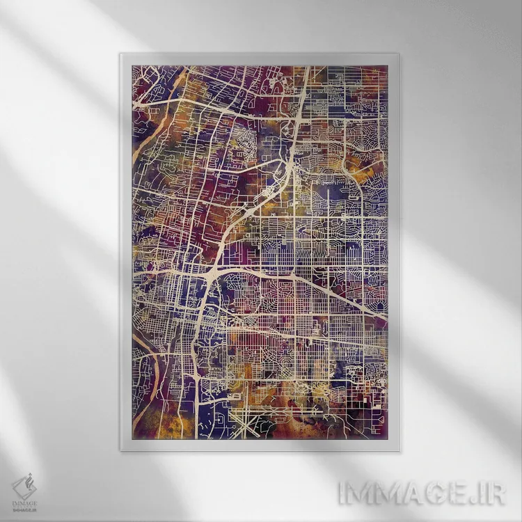 تابلو دکوراتیو نقشه خیابانی آلبوکرکی با لکه های بنفش، نیومکزیکو اثر مایکل تامپست - نمای قابدار سفید