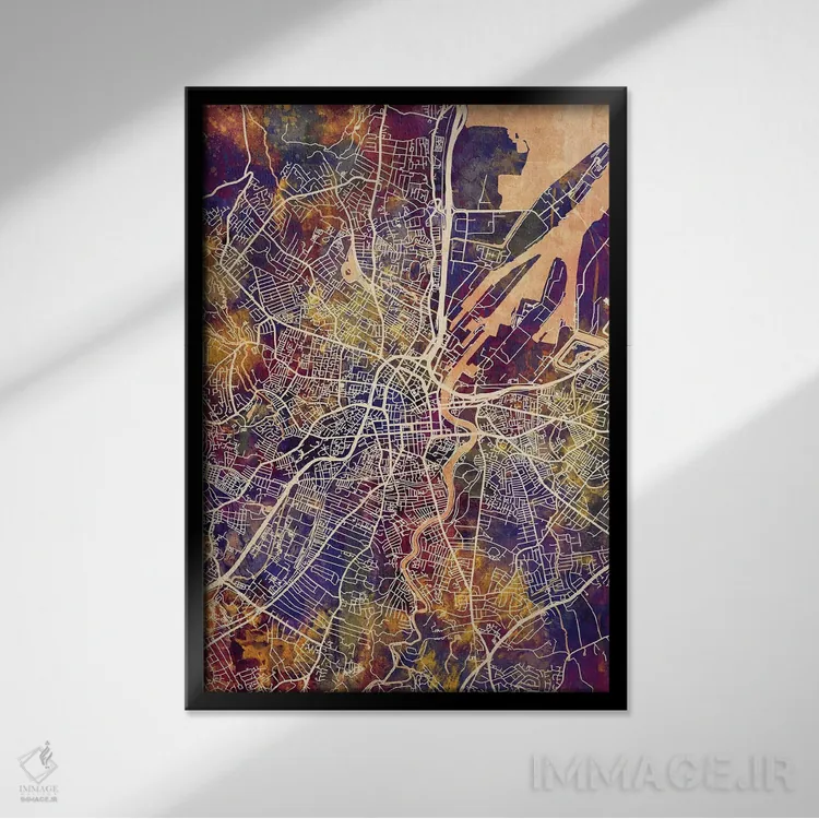 تابلو دکوراتیو نقشه شهری بلفاست، ایرلند شمالی اثر مایکل تامپست - نمای قابدار مشکی