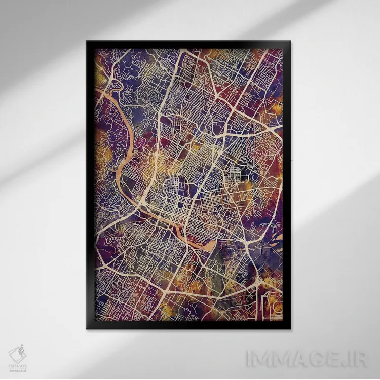 تابلو دکوراتیو نقشه شهری آستین، تگزاس اثر مایکل تامپست - نمای قابدار مشکی