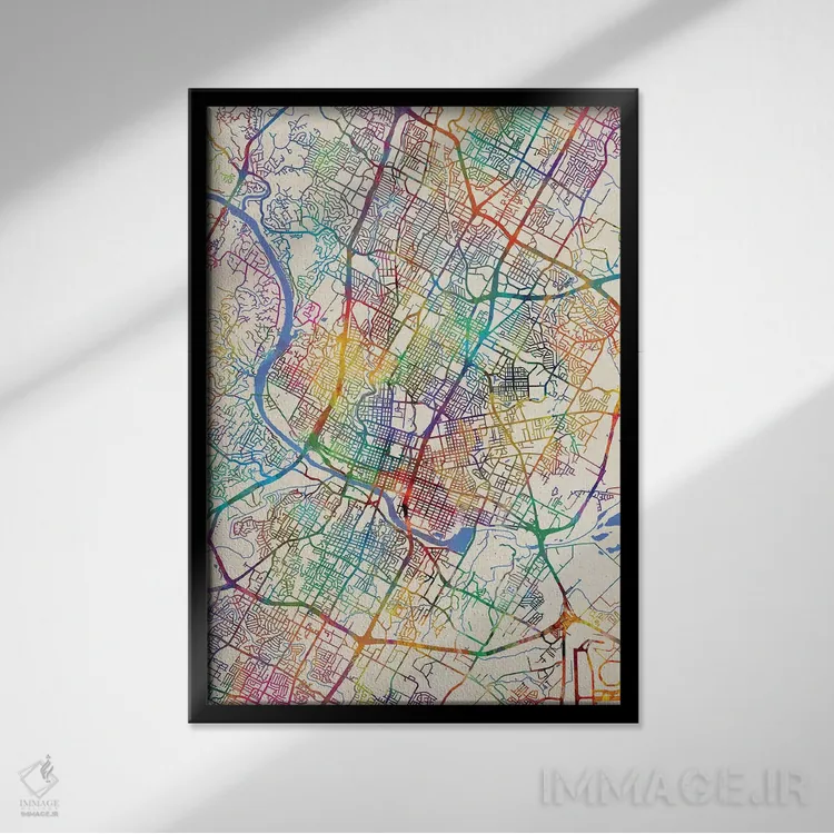 تابلو دکوراتیو نقشه شهری آستین، تگزاس اثر مایکل تامپست - نمای قابدار مشکی