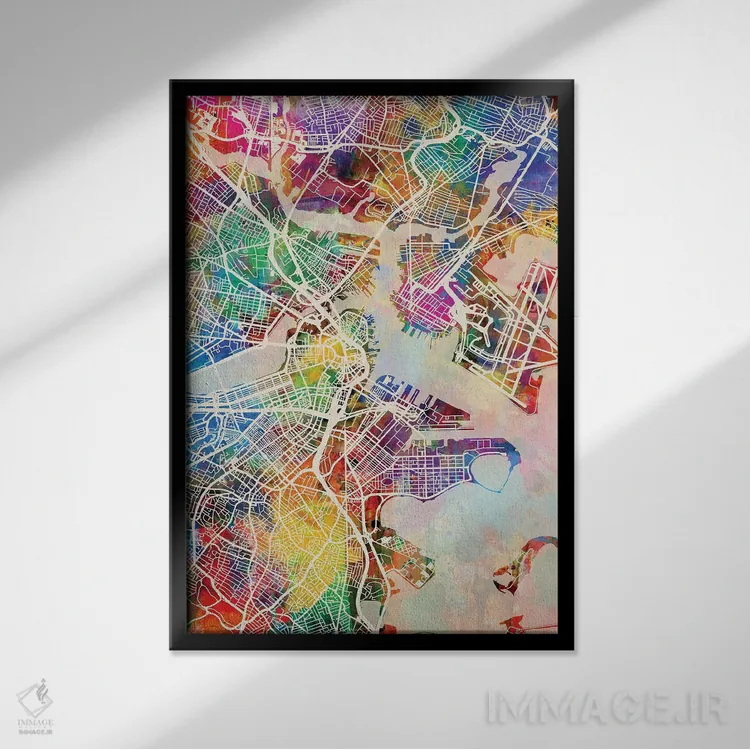 تابلو دکوراتیو نقشه خیابانی بوستون، ماساچوست اثر مایکل تامپست - نمای قابدار مشکی