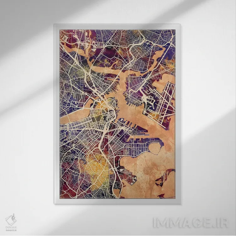 تابلو دکوراتیو نقشه خیابانی بوستون، ماساچوست اثر مایکل تامپست - نمای قابدار سفید