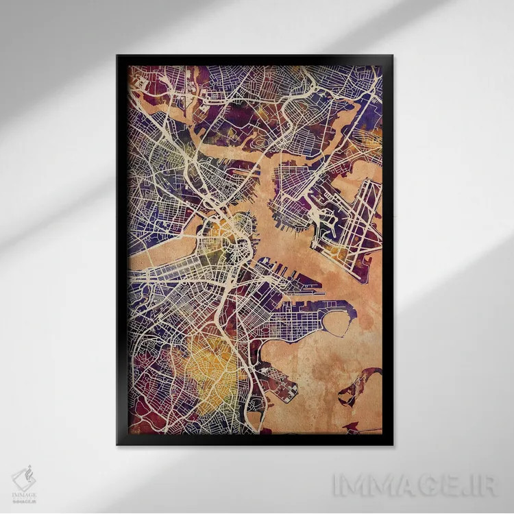 تابلو دکوراتیو نقشه خیابانی بوستون، ماساچوست اثر مایکل تامپست - نمای قابدار مشکی