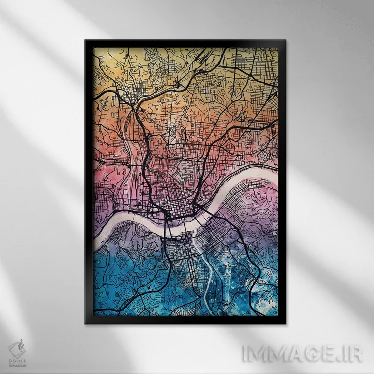 تابلو دکوراتیو نقشه شهری سینسیناتی، اوهایو اثر مایکل تامپست - نمای قابدار مشکی