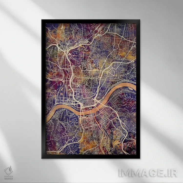 تابلو دکوراتیو نقشه شهری سینسیناتی، اوهایو اثر مایکل تامپست - نمای قابدار مشکی