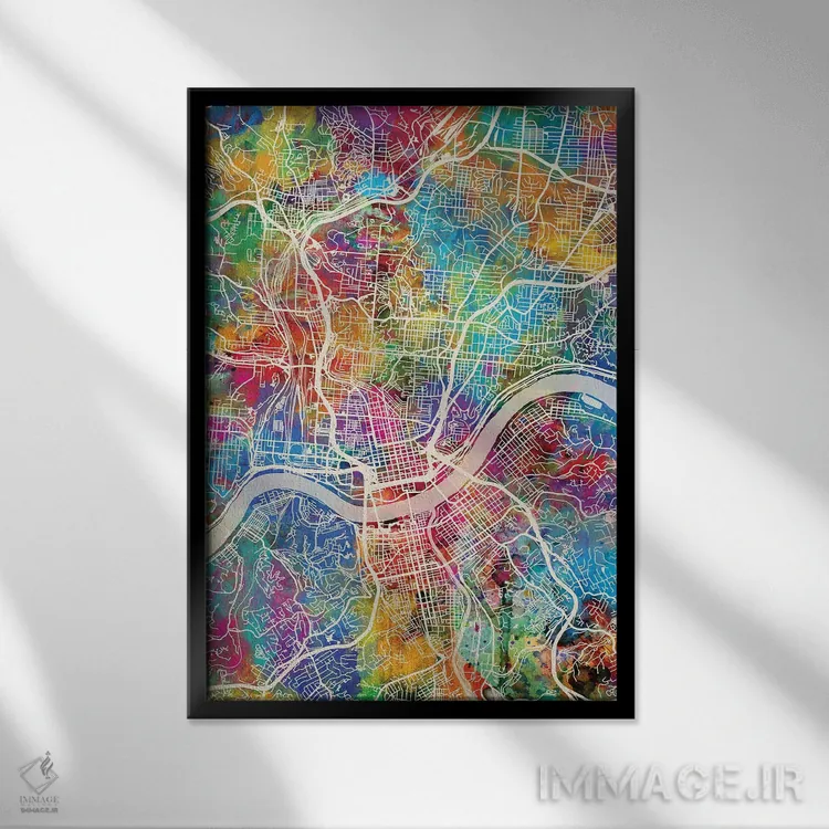 تابلو دکوراتیو نقشه شهری سینسیناتی، اوهایو اثر مایکل تامپست - نمای قابدار مشکی