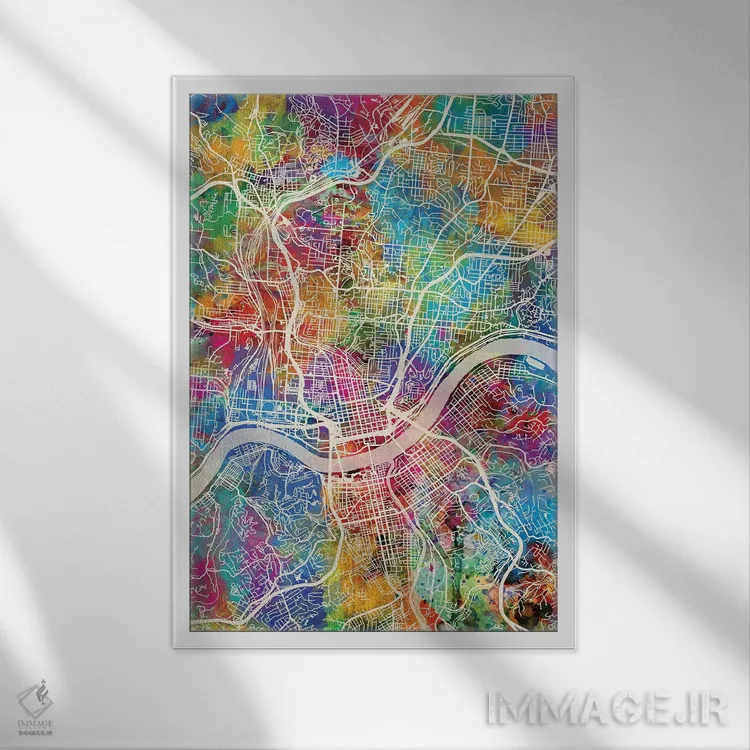 تابلو دکوراتیو نقشه شهری سینسیناتی، اوهایو اثر مایکل تامپست - نمای قابدار سفید
