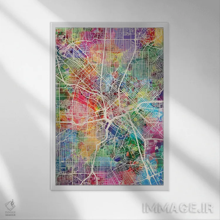 تابلو دکوراتیو نقشه شهری دالاس، تگزاس اثر مایکل تامپست - نمای قابدار سفید