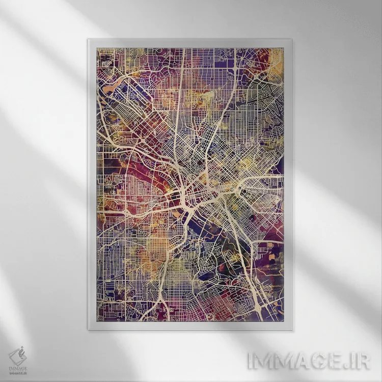 تابلو دکوراتیو نقشه شهری دالاس، تگزاس اثر مایکل تامپست - نمای قابدار سفید