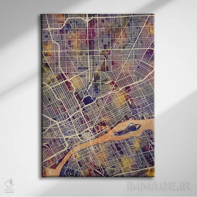 تابلو دکوراتیو نقشه شهری دیترویت، میشیگان اثر مایکل تامپست - نمای روبهرو روی دیوار