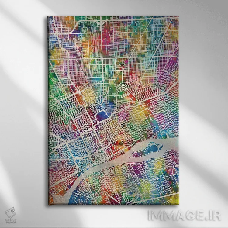 تابلو دکوراتیو نقشه شهری دیترویت، میشیگان اثر مایکل تامپست - نمای روبهرو روی دیوار