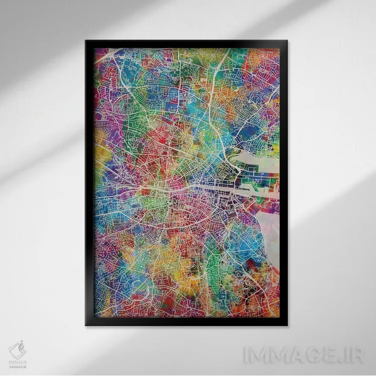 تابلو دکوراتیو نقشه شهری دوبلین، ایرلند اثر مایکل تامپست - نمای قابدار مشکی