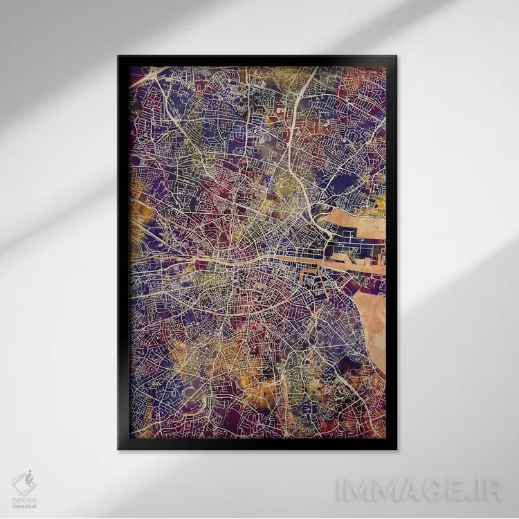 تابلو دکوراتیو نقشه شهری دوبلین، ایرلند اثر مایکل تامپست - نمای قابدار مشکی