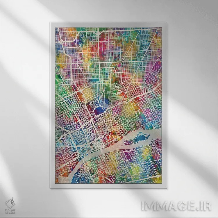 تابلو دکوراتیو نقشه شهری دیترویت، میشیگان اثر مایکل تامپست - نمای قابدار سفید