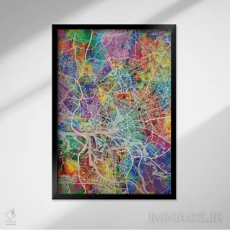 تابلو دکوراتیو نقشه شهری هامبورگ، آلمان اثر مایکل تامپست - نمای قابدار مشکی