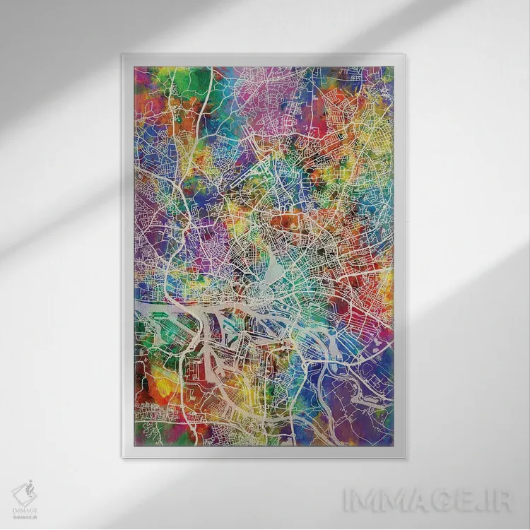 تابلو دکوراتیو نقشه شهری هامبورگ، آلمان اثر مایکل تامپست - نمای قابدار سفید