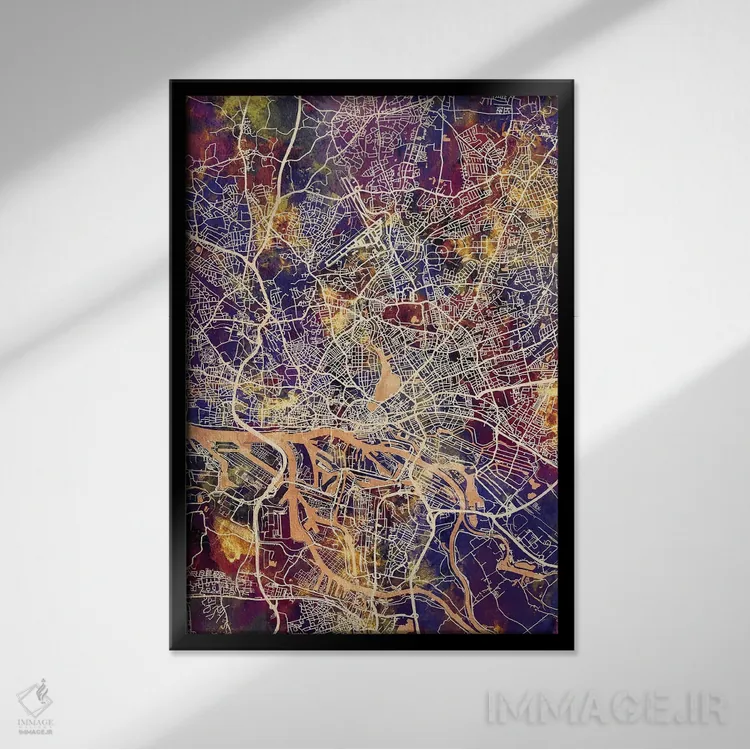 تابلو دکوراتیو نقشه شهری هامبورگ، آلمان اثر مایکل تامپست - نمای قابدار مشکی