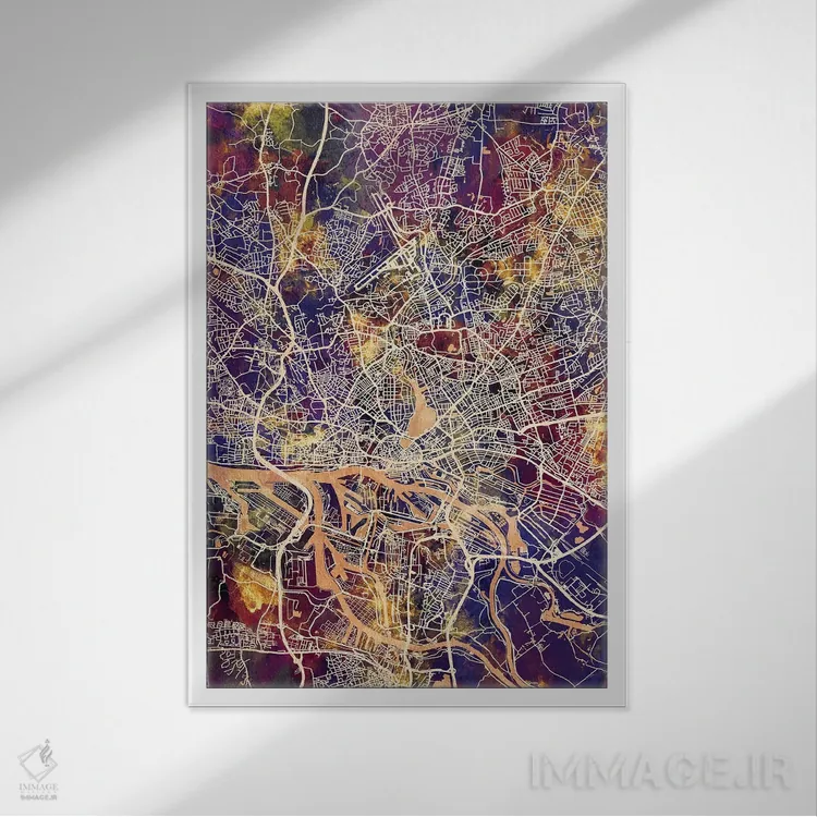 تابلو دکوراتیو نقشه شهری هامبورگ، آلمان اثر مایکل تامپست - نمای قابدار سفید