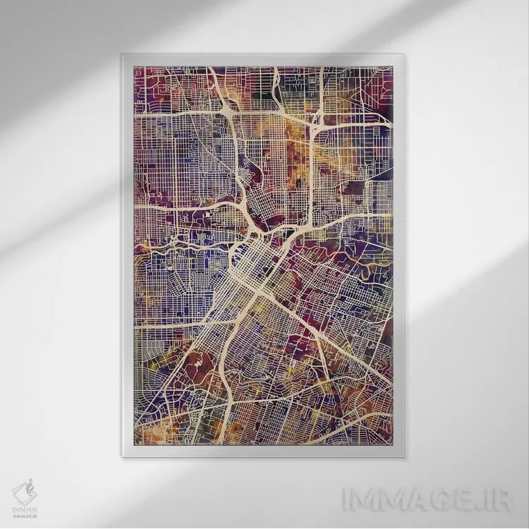 تابلو دکوراتیو نقشه خیابانی هیوستون، تگزاس اثر مایکل تامپست - نمای قابدار سفید