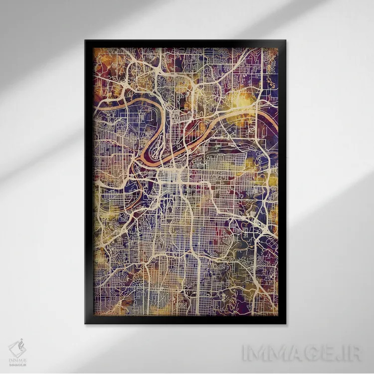 تابلو دکوراتیو نقشه شهری کانزاس سیتی، میزوری اثر مایکل تامپست - نمای قابدار مشکی