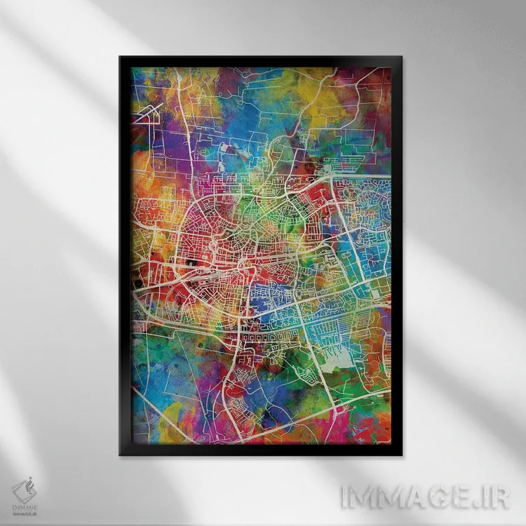 تابلو دکوراتیو نقشه شهری لیوواردن، هلند اثر مایکل تامپست - نمای قابدار مشکی