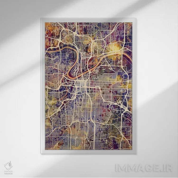 تابلو دکوراتیو نقشه شهری کانزاس سیتی، میزوری اثر مایکل تامپست - نمای قابدار سفید