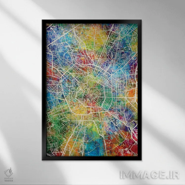 تابلو دکوراتیو نقشه شهری میلان، ایتالیا اثر مایکل تامپست - نمای قابدار مشکی