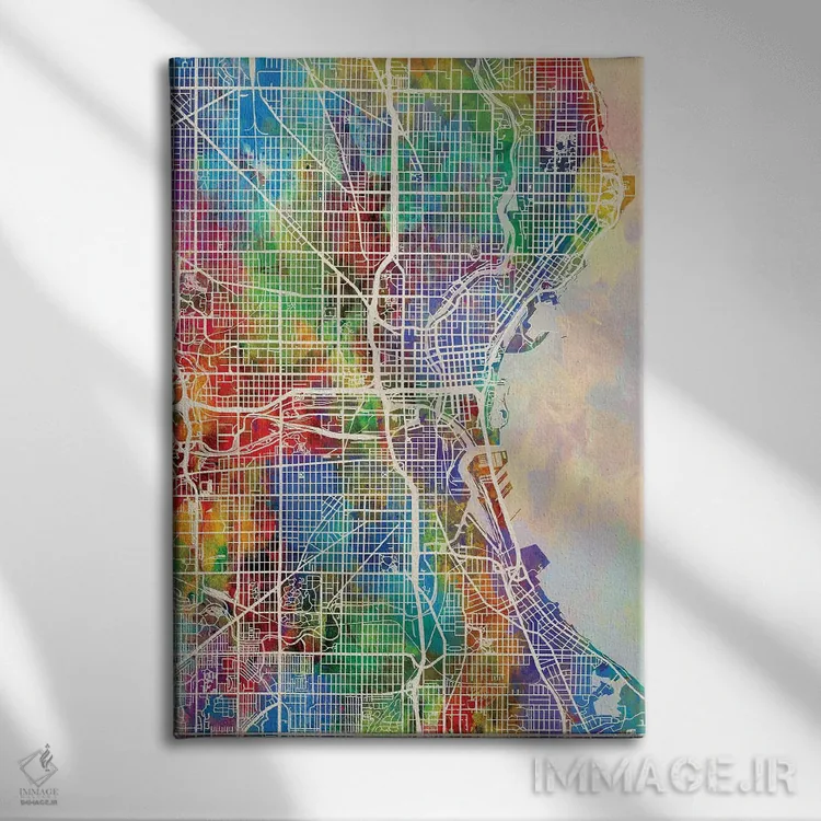 تابلو دکوراتیو نقشه شهری میلواکی، ویسکانسین اثر مایکل تامپست - نمای روبهرو روی دیوار