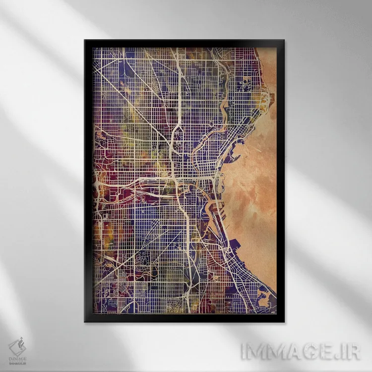 تابلو دکوراتیو نقشه شهری میلواکی، ویسکانسین اثر مایکل تامپست - نمای قابدار مشکی