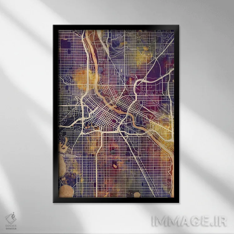 تابلو دکوراتیو نقشه شهری مینیاپولیس، مینه سوتا اثر مایکل تامپست - نمای قابدار مشکی