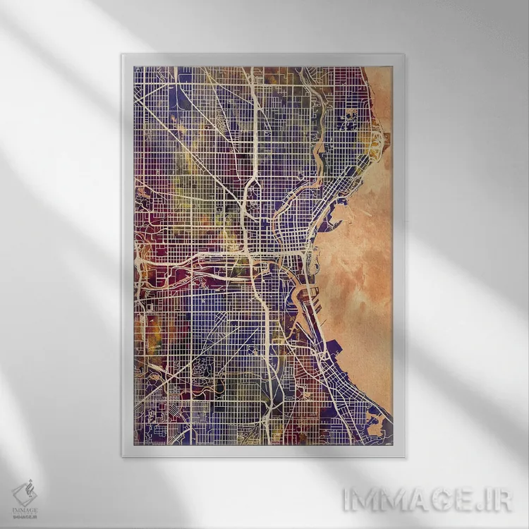 تابلو دکوراتیو نقشه شهری میلواکی، ویسکانسین اثر مایکل تامپست - نمای قابدار سفید