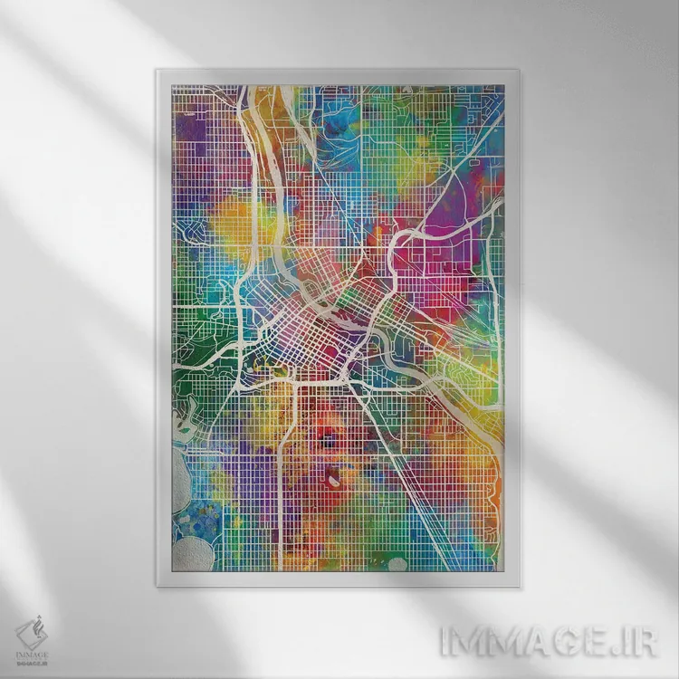 تابلو دکوراتیو نقشه شهری مینیاپولیس، مینه سوتا اثر مایکل تامپست - نمای قابدار سفید