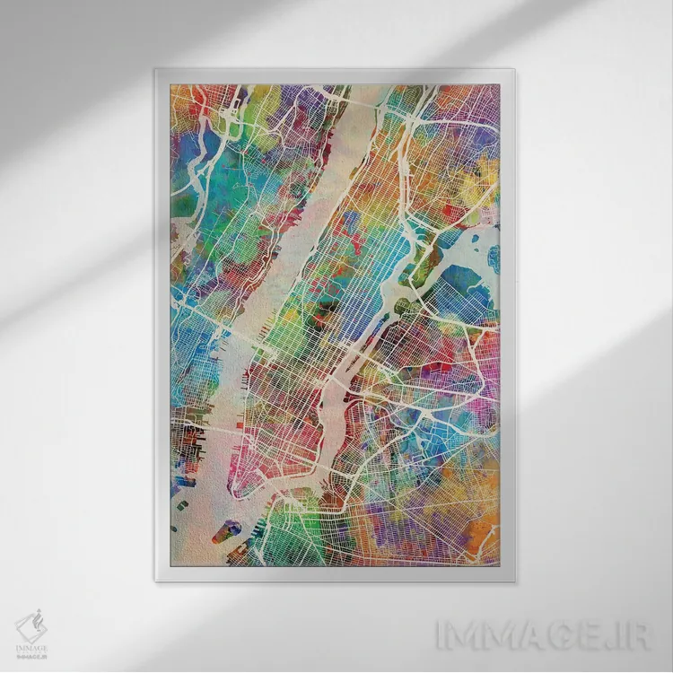 تابلو دکوراتیو نقشه خیابان های شهر نیویورک III اثر مایکل تامپست - نمای قابدار سفید