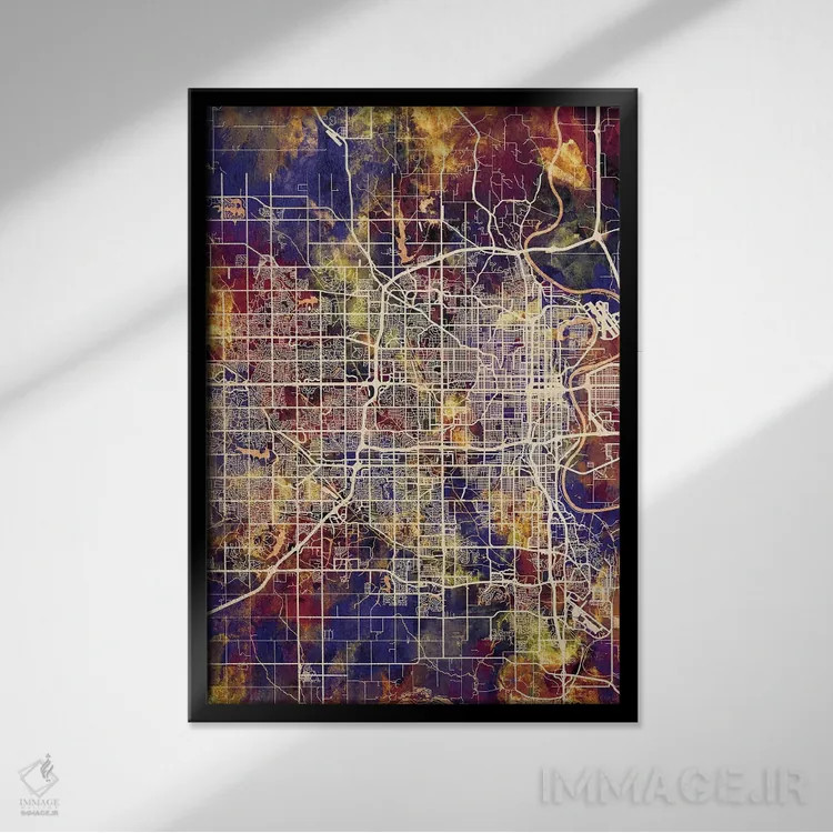 تابلو دکوراتیو نقشه شهر اوماها نبراسکا II اثر مایکل تامپست - نمای قابدار مشکی