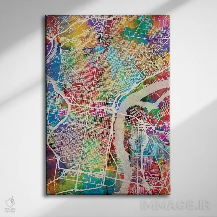 تابلو دکوراتیو نقشه خیابان های فیلادلفیا پنسیلوانیا II اثر مایکل تامپست - نمای روبهرو روی دیوار