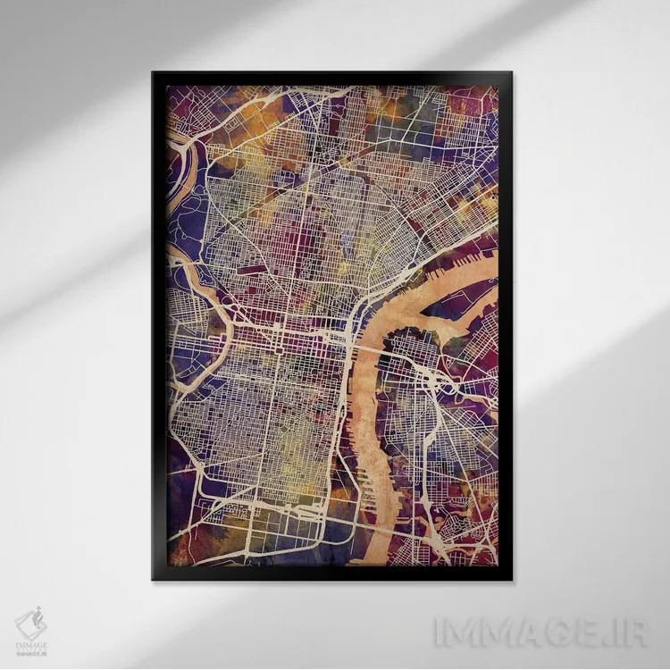 تابلو دکوراتیو نقشه خیابان های شهر فیلادلفیا پنسیلوانیا I اثر مایکل تامپست - نمای قابدار مشکی