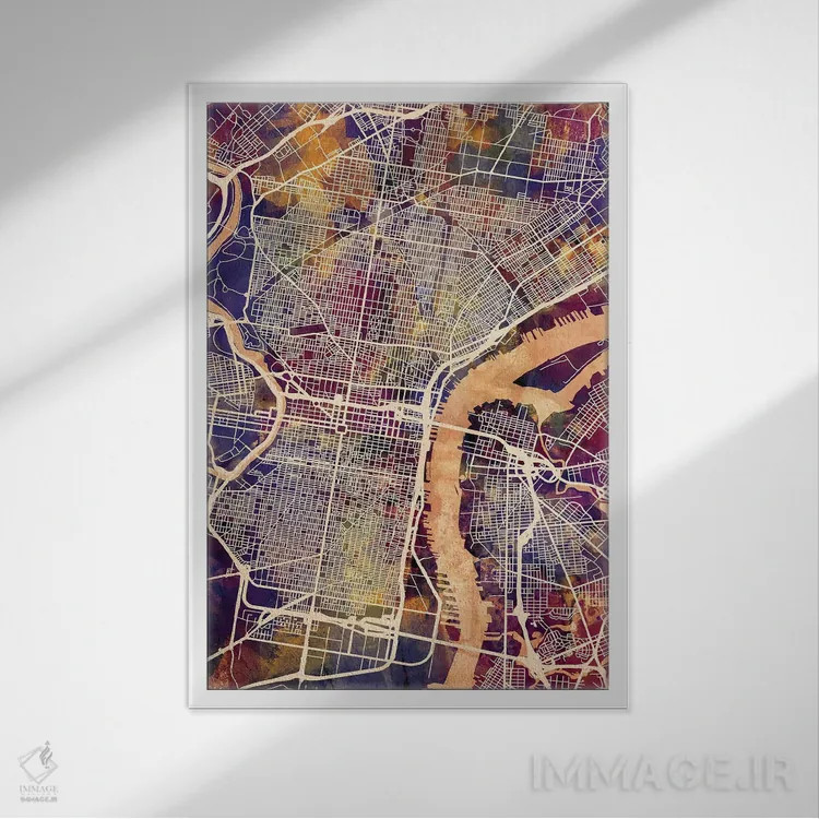 تابلو دکوراتیو نقشه خیابان های شهر فیلادلفیا پنسیلوانیا I اثر مایکل تامپست - نمای قابدار سفید
