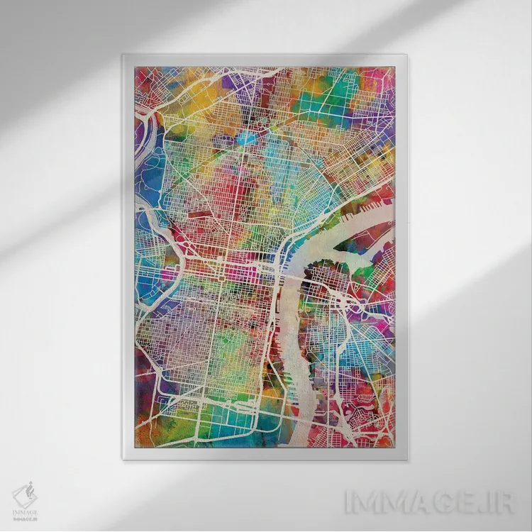 تابلو دکوراتیو نقشه خیابان های فیلادلفیا پنسیلوانیا II اثر مایکل تامپست - نمای قابدار سفید