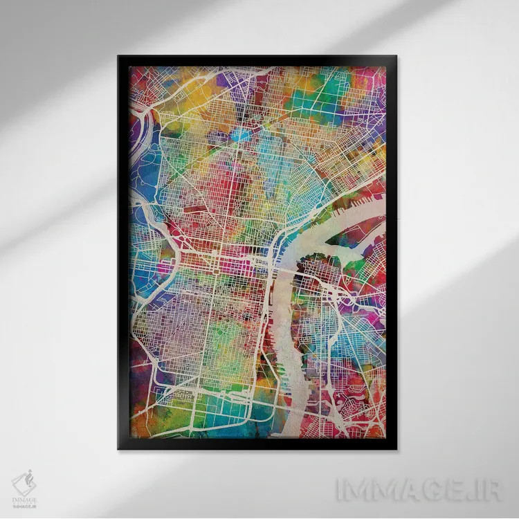 تابلو دکوراتیو نقشه خیابان های فیلادلفیا پنسیلوانیا II اثر مایکل تامپست - نمای قابدار مشکی