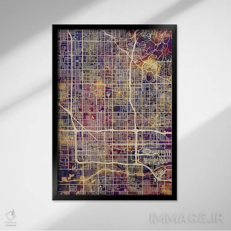 تابلو دکوراتیو نقشه شهر فونیکس آریزونا II اثر مایکل تامپست - نمای قابدار مشکی