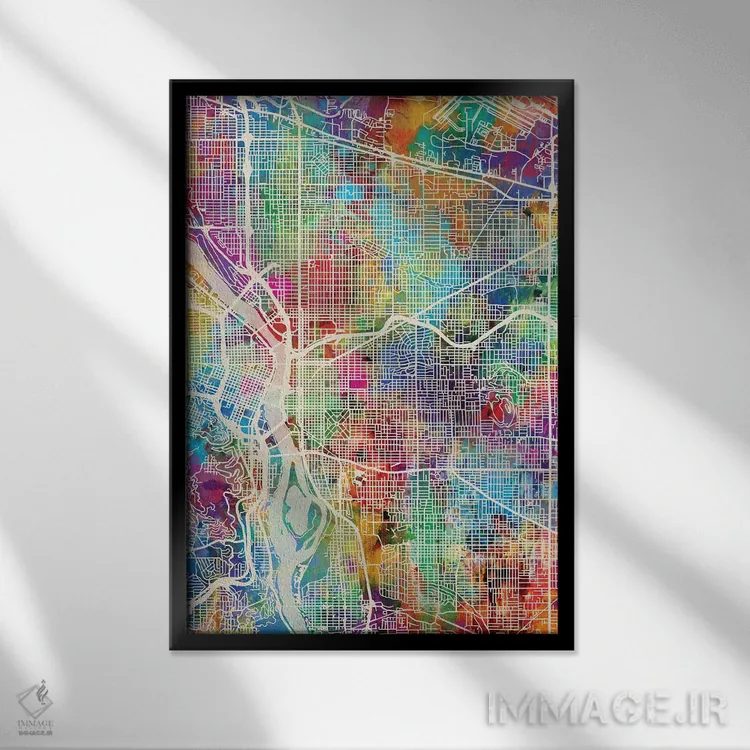 تابلو دکوراتیو نقشه شهر پورتلند اورگن I اثر مایکل تامپست - نمای قابدار مشکی