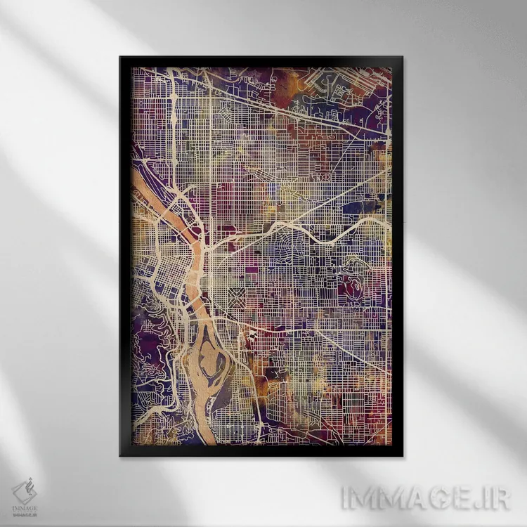 تابلو دکوراتیو نقشه شهر پورتلند اورگن II اثر مایکل تامپست - نمای قابدار مشکی