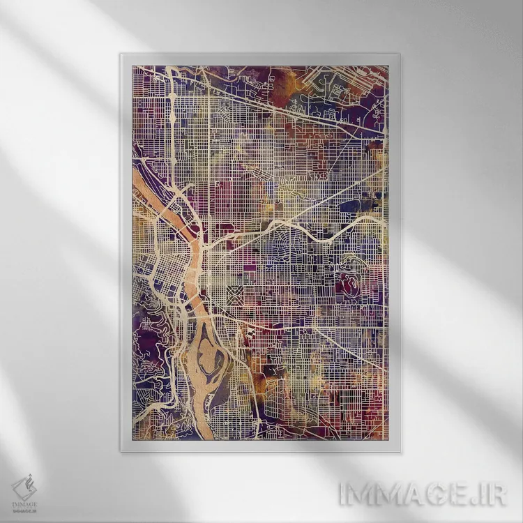 تابلو دکوراتیو نقشه شهر پورتلند اورگن II اثر مایکل تامپست - نمای قابدار سفید