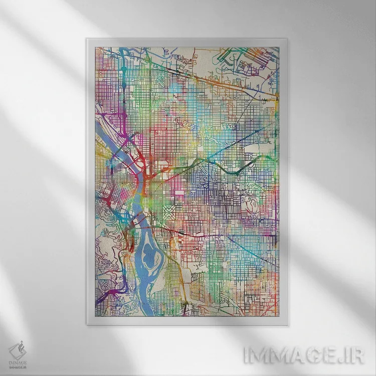 تابلو دکوراتیو نقشه شهر پورتلند اورگن III اثر مایکل تامپست - نمای قابدار سفید