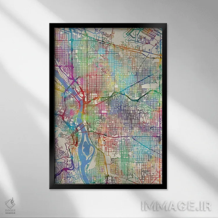 تابلو دکوراتیو نقشه شهر پورتلند اورگن III اثر مایکل تامپست - نمای قابدار مشکی