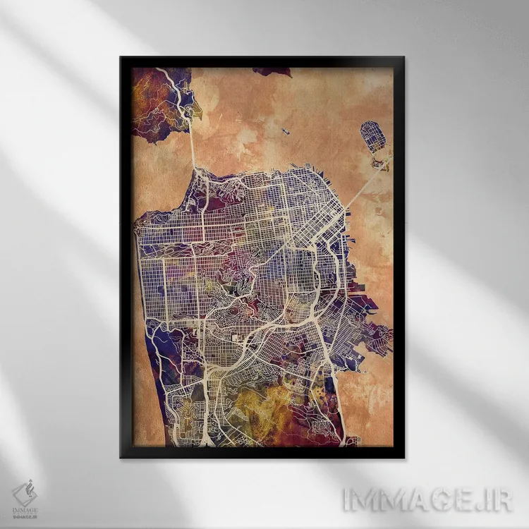 تابلو دکوراتیو نقشه خیابان های شهر سان فرانسیسکو II اثر مایکل تامپست - نمای قابدار مشکی
