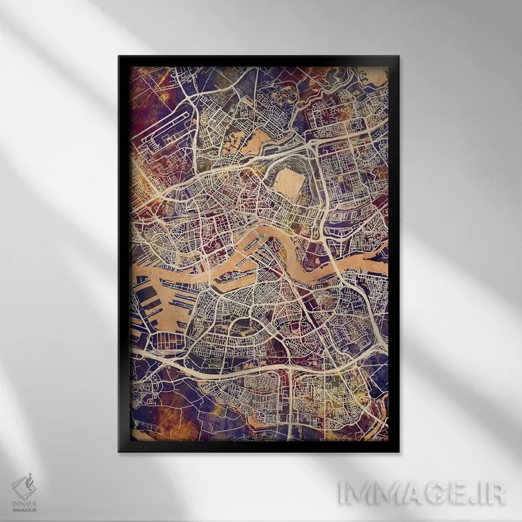 تابلو دکوراتیو نقشه شهر روتردام هلند II اثر مایکل تامپست - نمای قابدار مشکی